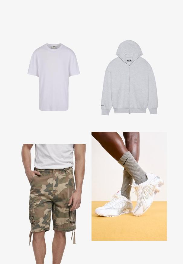 Siva zip-up dukserica izrađena od mekanog materijala. Ima veliki kapuljaču, prednje džepove i otisnuti tekst na lijevom rukavu.; Bijela pamučna majica s okruglim izrezom, kratkim rukavima i opuštenim krojem. Glatka tekstura, bez uzoraka i minimalistički dizajn.; Kamuflažne cargo kratke hlače u prigušenim zelenim i smeškim nijansama s bočnim džepovima i podešivim vezicama na rubu, uparene s bijelim tenisicama.; Nike tenisice u bijeloj boji sa srebrnim akcentima, s teksturiranim panelima i perforacijama. Kombinirane sivoj rebrastim čarapkama, postavljene na žutoj pozadini.