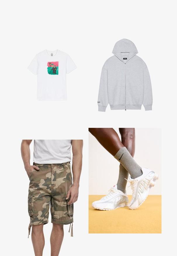 Gray zip-up hoodie made of soft fabric. Features a large hood, front pockets, and printed text on the left sleeve.; White cotton t-shirt featuring a colorful, abstract drawing with a sun and a figure on a green background, framed by pink. Short sleeves.; Camo cargo shorts in muted greens and browns with side pockets and adjustable drawstrings at the hem, paired with white sneakers.; Nike sneakers in white with silver accents, featuring textured panels and perforations. Paired with gray ribbed socks, set against a yellow background.