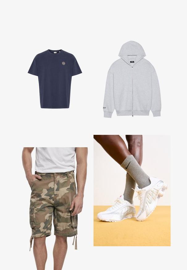 Siva zip-up dukserica izrađena od mekanog materijala. Ima veliki kapuljaču, prednje džepove i otisnuti tekst na lijevom rukavu.; Tamno plava pamučna majica, kratkih rukava, okrugli izrez, s malim zlatnim simbolom sunca na lijevoj strani prsnog dijela. Klasičan ravni kroj.; Kamuflažne cargo kratke hlače u prigušenim zelenim i smeškim nijansama s bočnim džepovima i podešivim vezicama na rubu, uparene s bijelim tenisicama.; Nike tenisice u bijeloj boji sa srebrnim akcentima, s teksturiranim panelima i perforacijama. Kombinirane sivoj rebrastim čarapkama, postavljene na žutoj pozadini.