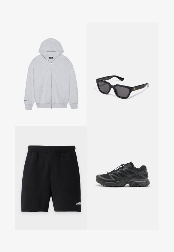 Haut de sweatshirt gris zippé en tissu doux. Il comporte une grande capuche, des poches avant et un texte imprimé sur la manche gauche.; Shorts noirs en coton avec une taille élastique, deux poches latérales et un petit logo blanc sur le bas droit. Texture lisse.; Chaussure de course noire avec tige en maille et synthétique, semelle extérieure flexible et lacets élastiques. Dispose d'une semelle intermédiaire rembourrée pour le confort.; Lunettes de soleil noires rectangulaires avec une finition brillante, des verres foncés, et un accent en or sur la branche présentant le logo.