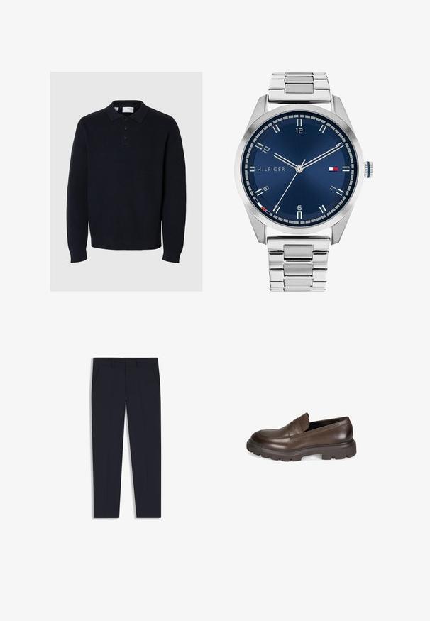 Marineblauwe gebreide pullover met een polo kraag, vierknops sluiting en lange mouwen. Heeft een ribbelstructuur en een rechte zoom.; Langsleeve, beige linnen overhemd met een mandarin kraag, knoopsluiting aan de voorkant en rechte zoom; gladde textuur en lichtgewicht ontwerp.; Marineblauwe broek met een getailleerde pasvorm, voorzien van twee voorkruiden, een vlakke voorkant en een gladde textuur. Geen zichtbare patronen of versieringen.; Desa Instappers - brown; Zilveren metalen horloge met een geborstelde blauwe wijzerplaat, witte uurmarkeringen en een datumweergave. Voorzien van een geschakelde metalen band en het logo van het merk.