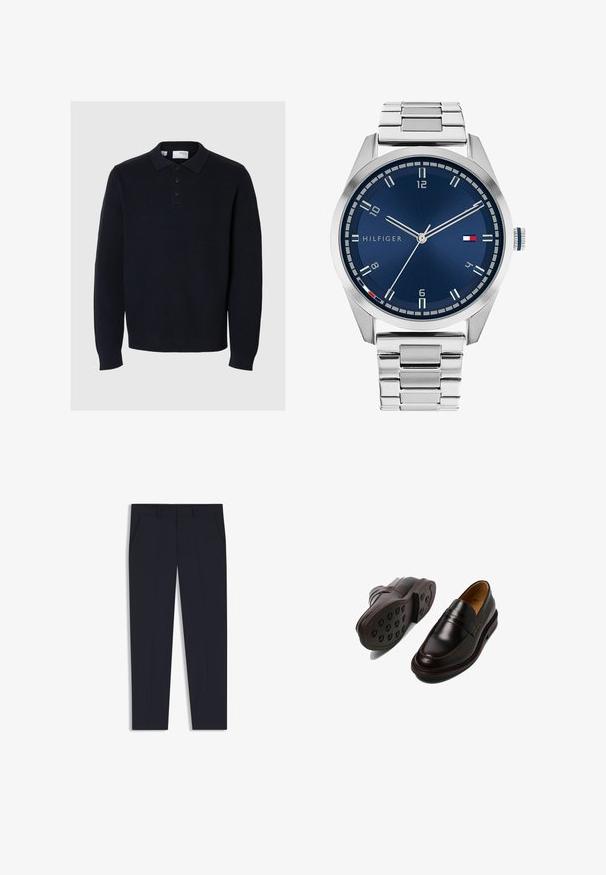 Marinblå stickad tröja med pikékrage, fyraknappar och lång ärm. Har en ribbad textur och rak fåll.; Långärmad, beige linne skjorta med mandarin krage, knappslå fram och rak fåll; slät yta och lätt design.; Marina byxor med skräddarsydd passform, med två framfickor, platt framdesign och en slät yta. Inga synliga mönster eller dekorationer.; Selected Homme Business slip-ins - demitasse; Silver metall klocka med en borstad blå urtavla, vita timmarkörer och en datumvisning. Har ett länkande metallarmband och varumärkeslogotyp.
