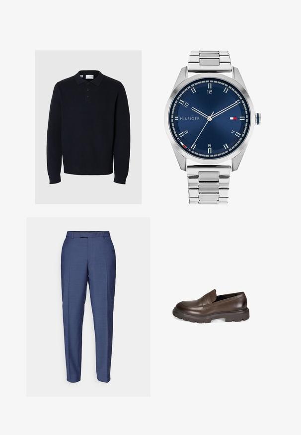 Marineblauwe gebreide pullover met een polo kraag, vierknops sluiting en lange mouwen. Heeft een ribbelstructuur en een rechte zoom.; Langsleeve, beige linnen overhemd met een mandarin kraag, knoopsluiting aan de voorkant en rechte zoom; gladde textuur en lichtgewicht ontwerp.; Blauwe op maat gemaakte broeken van een gestructureerde stof. Bevat een vlakke voorkant, riemlussen en een slank ontwerp met taps toelopende benen.; Desa Instappers - brown; Zilveren metalen horloge met een geborstelde blauwe wijzerplaat, witte uurmarkeringen en een datumweergave. Voorzien van een geschakelde metalen band en het logo van het merk.