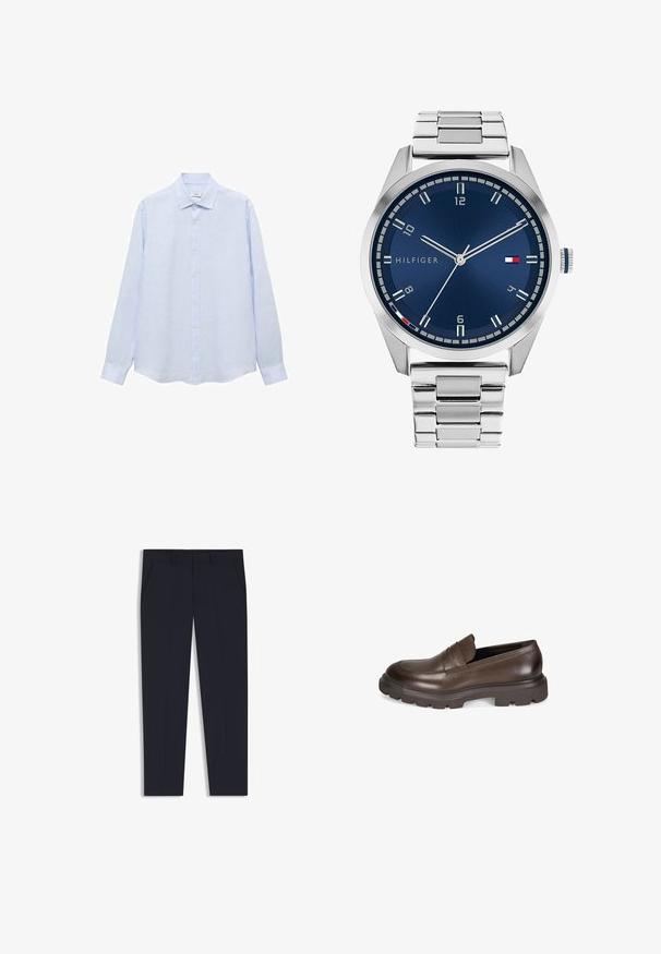 Dunkelblauer Strickpullover mit Polokragen, vierknöpfiger Knopfleiste und langen Ärmeln. Verfügt über eine gerippte Textur und einen geraden Saum.; Helles blaues Langarmhemd mit Knöpfen aus einem strukturierten Stoff. Verfügt über einen klassischen Kragen und einen geraden Schnitt mit einem leicht abgerundeten Saum.; Marineblaue Hose mit maßgeschneiderter Passform, ausgestattet mit zwei Vordertaschen, einem flachen Design und einer glatten Textur. Keine sichtbaren Muster oder Verzierungen.; Desa Slipper - brown; Silberne Metall-Uhr mit einem gebürsteten blauen Zifferblatt, weißen Stundenmarkierungen und einem Datumsanzeiger. Verfügt über ein verlinktes Metallarmband und ein Markenlogo.