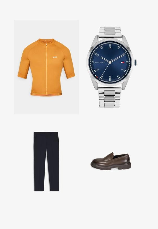 Marineblauwe gebreide pullover met een polo kraag, vierknops sluiting en lange mouwen. Heeft een ribbelstructuur en een rechte zoom.; POC THERMAL LITE - Wielershirt - bauxite brown; Marineblauwe broek met een getailleerde pasvorm, voorzien van twee voorkruiden, een vlakke voorkant en een gladde textuur. Geen zichtbare patronen of versieringen.; Desa Instappers - brown; Zilveren metalen horloge met een geborstelde blauwe wijzerplaat, witte uurmarkeringen en een datumweergave. Voorzien van een geschakelde metalen band en het logo van het merk.