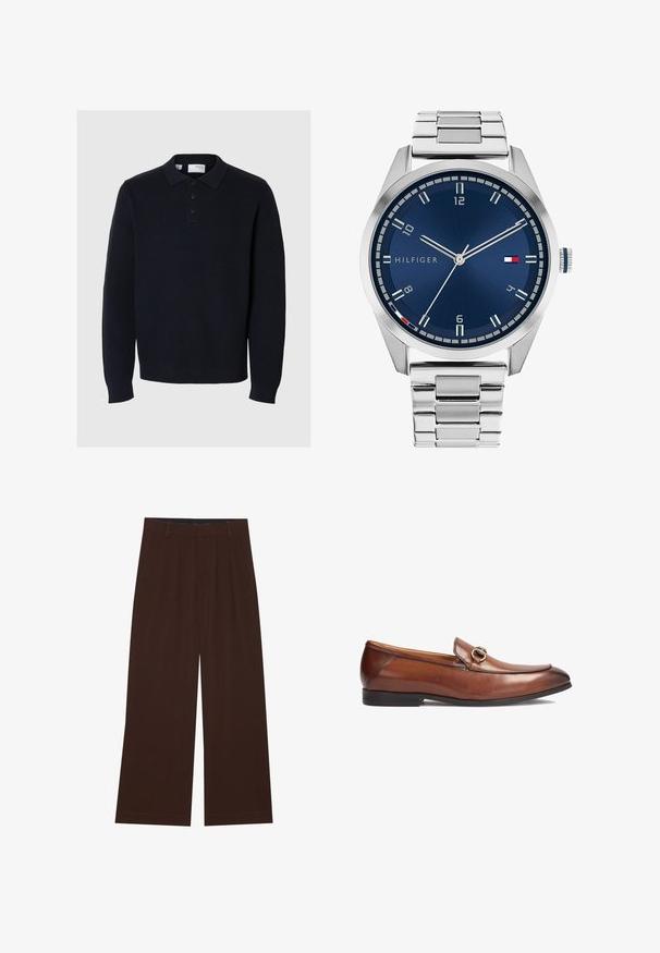 Námornícky modrý pletený sveter s polokošou, zapínaním na štyri gombíky a dlhými rukávmi. Má rebrový vzor a rovný lem.; Hnedé nohavice s širokými nohavicami a plisovaním. Vyrobené z hladkej látky, s upraveným pásom a bočnými vreckami. Rovný lem na spodnej časti.; Hnedé kožené mokasíny s okrúhlou špičkou, prešitím a dekoratívnou kovovou prackou na prednej strane. Gumená podrážka.; Strieborné kovové hodinky s brúseným modrým ciferníkom, bielymi indexmi a zobrazením dátumu. Majú prepojený kovový remienok a logo značky.; Strieborný náhrdelník s reťazou, ktorý má hrubé články a centrálny kruhový pendant s zložitými detailmi. Hladký, odrazový povrch z kovu.