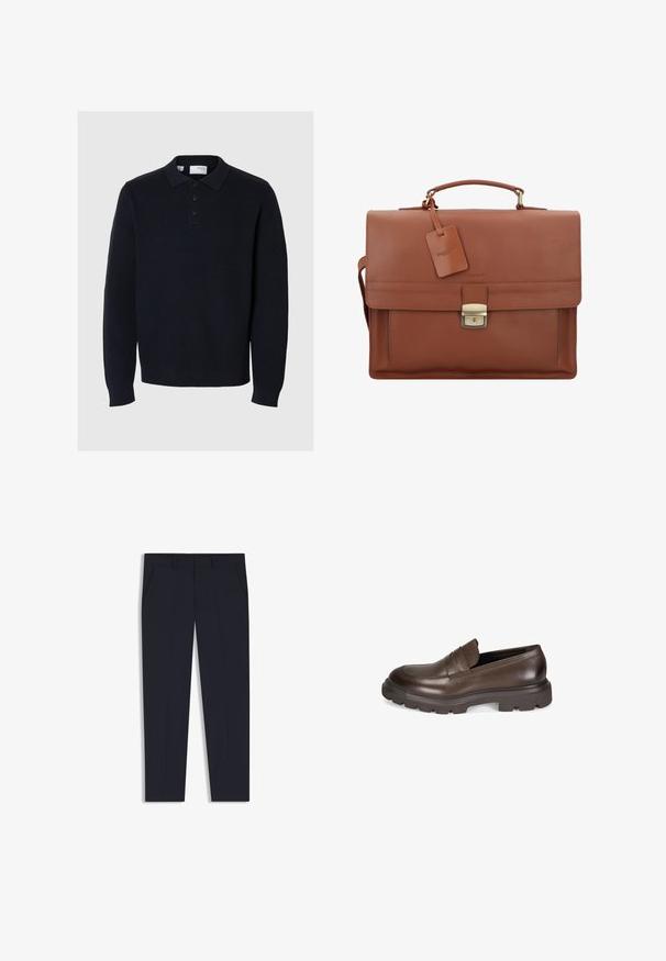 Dunkelblauer Strickpullover mit Polokragen, vierknöpfiger Knopfleiste und langen Ärmeln. Verfügt über eine gerippte Textur und einen geraden Saum.; Marineblaue Hose mit maßgeschneiderter Passform, ausgestattet mit zwei Vordertaschen, einem flachen Design und einer glatten Textur. Keine sichtbaren Muster oder Verzierungen.; Desa Slipper - brown; Braune Lederaktentasche mit Klappe, Oberhandgriff, abnehmbarem Schultergurt, goldenen Beschlägen und einem Gepäckanhänger mit Markennamen.; Silberne Metall-Uhr mit einem gebürsteten blauen Zifferblatt, weißen Stundenmarkierungen und einem Datumsanzeiger. Verfügt über ein verlinktes Metallarmband und ein Markenlogo.
