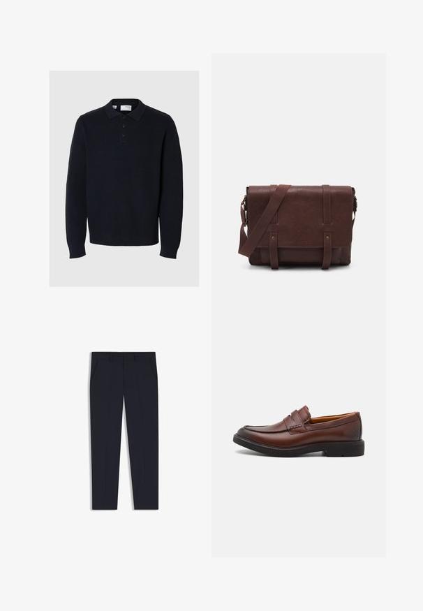 Marinblå stickad tröja med pikékrage, fyraknappar och lång ärm. Har en ribbad textur och rak fåll.; Marina byxor med skräddarsydd passform, med två framfickor, platt framdesign och en slät yta. Inga synliga mönster eller dekorationer.; Bruna läderloafers med rund tå, dekorativ sömnad och en svart gummisula. Slät textur och minimala design detaljer.; Brun läder budväska med en platt framklaff, två remmar, gyllene detaljer och en justerbar axelrem.; Silver metall klocka med en borstad blå urtavla, vita timmarkörer och en datumvisning. Har ett länkande metallarmband och varumärkeslogotyp.