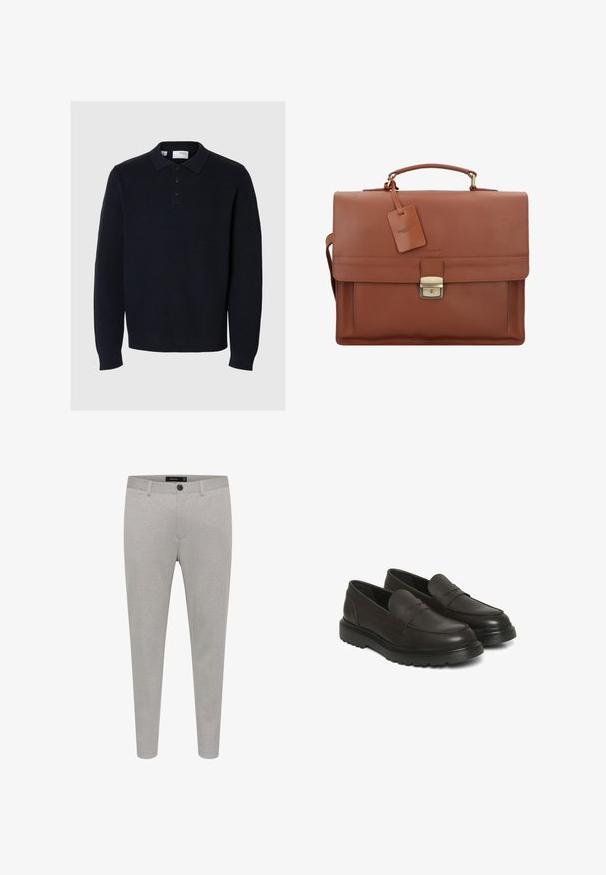 Dunkelblauer Strickpullover mit Polokragen, vierknöpfiger Knopfleiste und langen Ärmeln. Verfügt über eine gerippte Textur und einen geraden Saum.; Hellegraue maßgeschneiderte Hosen aus strukturiertem Stoff, mit Knopfverschluss, seitlichen Taschen und schlankem Schnitt.; Braune Lederschlüpfschuhe mit glatter Oberfläche, gepolstertem Kragen und strukturiertem Design. Verfügt über eine schwarze Gummisohle mit Rillenmuster.; Braune Lederaktentasche mit Klappe, Oberhandgriff, abnehmbarem Schultergurt, goldenen Beschlägen und einem Gepäckanhänger mit Markennamen.; Silberne Metall-Uhr mit einem gebürsteten blauen Zifferblatt, weißen Stundenmarkierungen und einem Datumsanzeiger. Verfügt über ein verlinktes Metallarmband und ein Markenlogo.