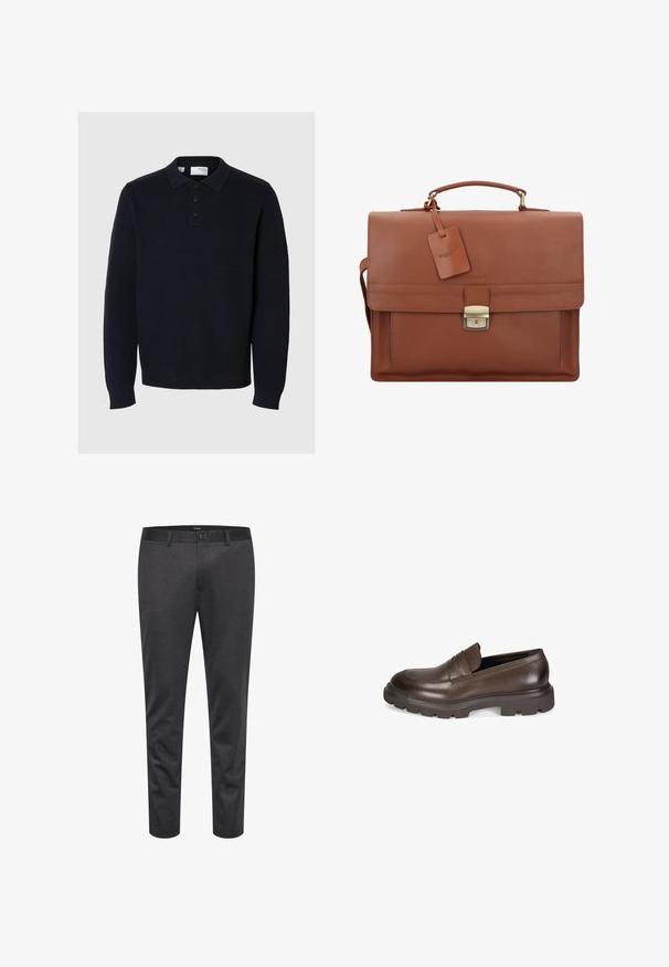 Marineblauwe gebreide pullover met een polo kraag, vierknops sluiting en lange mouwen. Heeft een ribbelstructuur en een rechte zoom.; Grijze slim-fit broek van textuurstof, met knoopsluiting, riemlussen en een gestructureerd silhouette met taps toelopende pijpen.; Desa Instappers - brown; Bruine leren aktetas met een klep, bovenhandgreep, afneembare schouderband, gouden hardware en een bagagelabel met de merknaam.