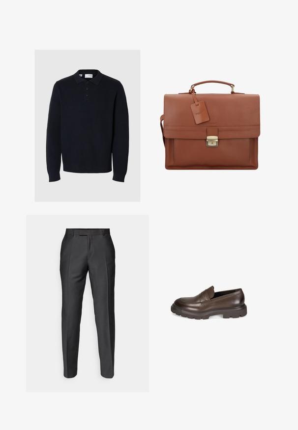 Dunkelblauer Strickpullover mit Polokragen, vierknöpfiger Knopfleiste und langen Ärmeln. Verfügt über eine gerippte Textur und einen geraden Saum.; Maßgeschneiderte Hosen aus dunklem grauem Stoff. Mit schlankem Schnitt, flachem Bund und Gürtelschlaufen. Geschmeidige Textur mit dezentem Glanz.; Desa Slipper - brown; Braune Lederaktentasche mit Klappe, Oberhandgriff, abnehmbarem Schultergurt, goldenen Beschlägen und einem Gepäckanhänger mit Markennamen.; Silberne Metall-Uhr mit einem gebürsteten blauen Zifferblatt, weißen Stundenmarkierungen und einem Datumsanzeiger. Verfügt über ein verlinktes Metallarmband und ein Markenlogo.