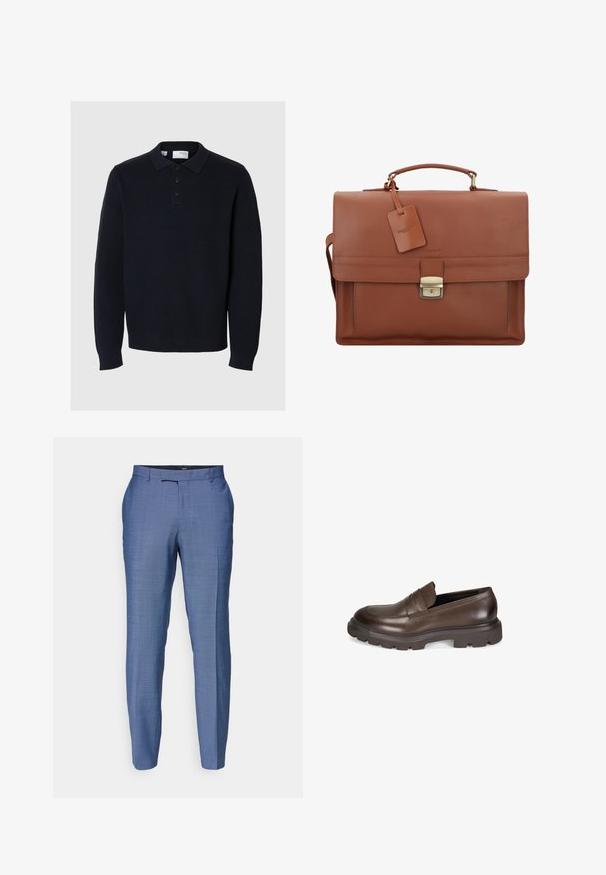 Dunkelblauer Strickpullover mit Polokragen, vierknöpfiger Knopfleiste und langen Ärmeln. Verfügt über eine gerippte Textur und einen geraden Saum.; Helle blaue, maßgeschneiderte Hosen aus strukturiertem Stoff. Sie verfügen über eine flache Vorderseite, schmale Beine und einen Reißverschluss mit Hakenverschluss.; Desa Slipper - brown; Braune Lederaktentasche mit Klappe, Oberhandgriff, abnehmbarem Schultergurt, goldenen Beschlägen und einem Gepäckanhänger mit Markennamen.; Silberne Metall-Uhr mit einem gebürsteten blauen Zifferblatt, weißen Stundenmarkierungen und einem Datumsanzeiger. Verfügt über ein verlinktes Metallarmband und ein Markenlogo.