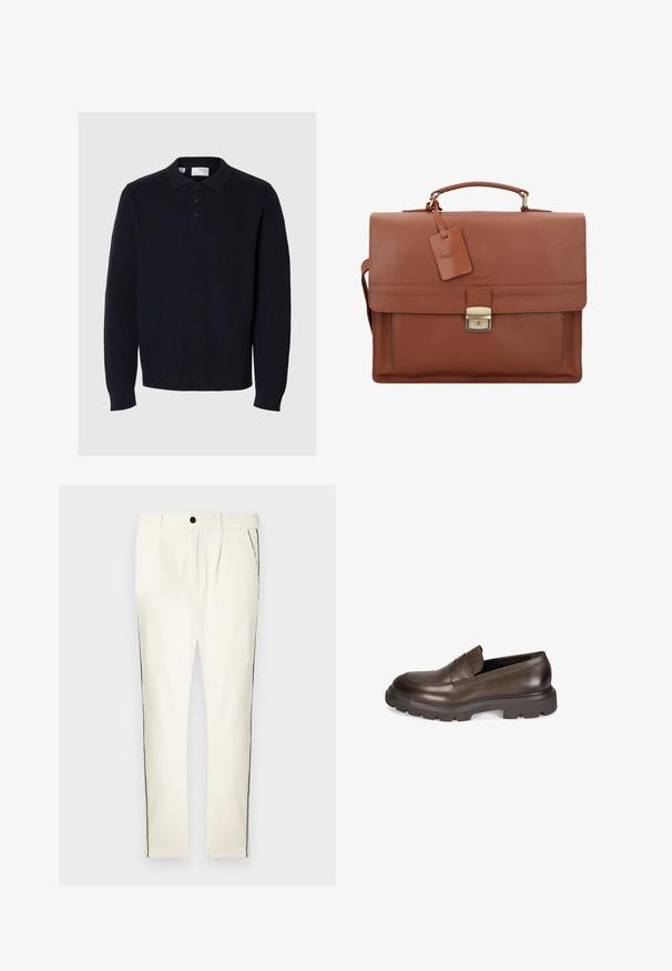 Pull en tricot bleu marine avec col polo, patte à quatre boutons et manches longues. Présente une texture côtelée et un ourlet droit.; Pantalon à rayures blanches avec une coupe décontractée, doté d'une bande latérale noire, d'une fermeture à boutons et de plis à l'avant pour un détail de design supplémentaire.; Desa Chaussons - brown; Sacoche en cuir marron avec rabat, poignee supérieure, bandoulière amovible, ferrures dorées et étiquette de bagages portant le nom de la marque.; Montre en métal argenté avec un cadran bleu brossé, des index heures blancs et un affichage de la date. Comprend un bracelet métallique à maillons et le logo de la marque.