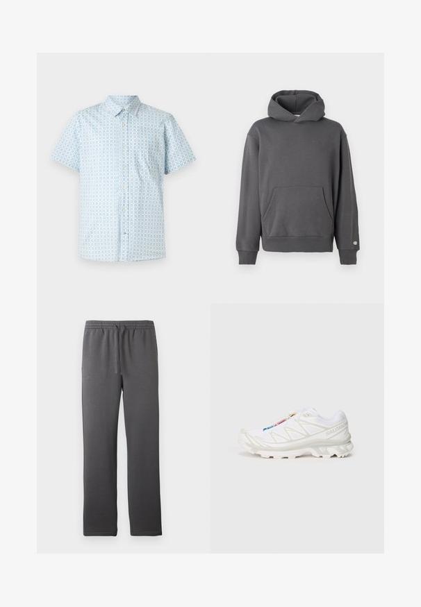 Felpa grigia con cappuccio, tasca a canguro frontale, polsini a coste e cappuccio con coulisse. Presenta un discreto logo sul petto.; Camicia a maniche corte con bottoni di colore azzurro chiaro e motivo a quadri. Realizzata in tessuto con una consistenza liscia e una tasca sul petto.; Pantaloni sportivi grigi con cintura elastica, cordino e superficie liscia. Presentano un design a gamba dritta e nessuna tasca visibile.; Scarpa da ginnastica bianca con tomaia in rete testurizzata, dettagli riflettenti e suola ammortizzata. Logo del marchio ben visibile sul lato.