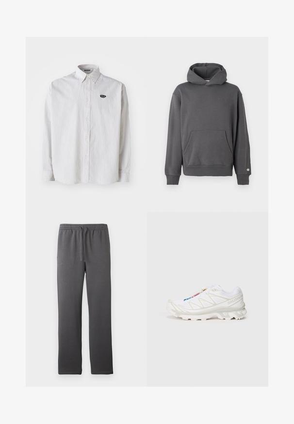 Grå pullover hoodie med en frontkangaroo-lomme, ribbede manchetter og hætte med snoretræk. Har diskret logo-detaljering på brystet.; Hvid langærmet skjorte med tynde grå lodrette striber. Har en button-down krave og et lille sort logo på venstre bryst.; Grå atletiske bukser med elastisk talje, snøre og en glat tekstur. Har en lige ben-design og ingen synlige lommer.; Hvid sportssko med tekstureret mesh-overdel, reflekterende detaljer og en polstret sål. Bemærkelsesværdigt mærke-logo på siden.