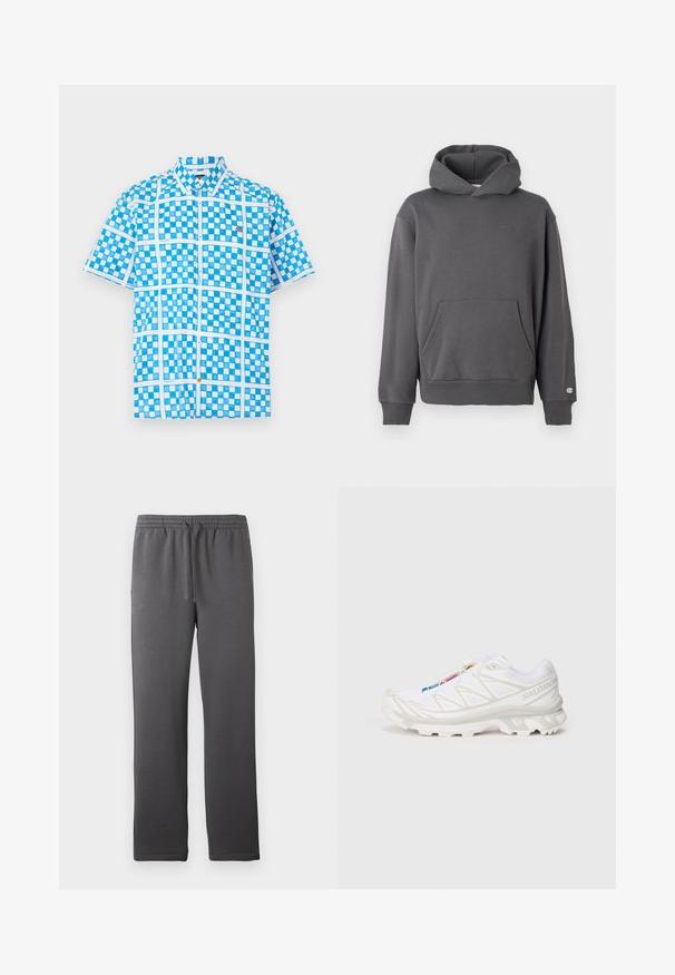 Grijze pullover hoodie met een voorzak, geribde manchetten en een capuchon met trekkoord. Heeft subtiele logodetails op de borst.; Korte mouw overhemd in lichtblauw met een geruit patroon, voorzien van witte accenten en een oranje knoop nabij de sluiting. Gemaakt van lichtgewicht stof.; Grijze sportbroek met een elastische tailleband, koord en een gladde textuur. Heeft een rechte pijpontwerp en geen zichtbare zakken.; Witte sportieve schoen met een gestructureerde mesh bovenkant, reflecterende accenten en een gevoerde zool. Opvallend merklogo aan de zijkant.