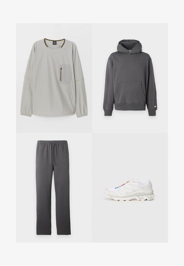 Grijze pullover hoodie met een voorzak, geribde manchetten en een capuchon met trekkoord. Heeft subtiele logodetails op de borst.; Lichtgrijze langmouwtop met ronde hals, elastische manchetten en een getextureerde patchzak met rits aan de voorkant.; Grijze sportbroek met een elastische tailleband, koord en een gladde textuur. Heeft een rechte pijpontwerp en geen zichtbare zakken.; Witte sportieve schoen met een gestructureerde mesh bovenkant, reflecterende accenten en een gevoerde zool. Opvallend merklogo aan de zijkant.