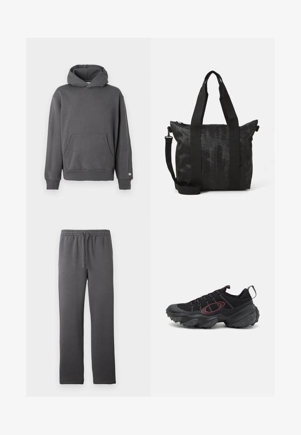 Pelēks sporta krekls ar frontālo kabatu, ribinātām piedurknēm un kapuci ar auklu. Iekļauj smalku logotipa detalizāciju uz krūškurvja.; Pelēki sporta bikses ar elastīgu jostu, auklu un gludu tekstūru. Satur taisnu kāju dizainu un nav redzamu kabatu.; Melnas sporta kurpes ar teksturētu sieta augšdaļu, kontrastējošiem sarkaniem akcentiem un masīvu gumijas zoli ar noapaļotiem saķeres elementiem.; Melnā soma ar teksturētu audumu, divām augšējām rokturiem un noņemamu plecu siksnu. Aprīkota ar ieslēdzamu aizdari drošai uzglabāšanai.
