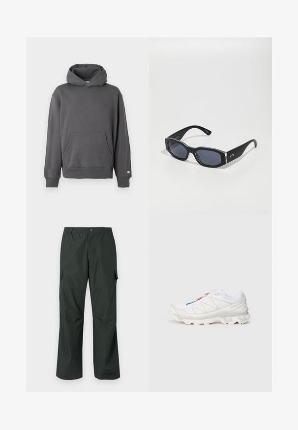 Grauer Pullover-Hoodie mit einer kangaroo-Tasche auf der Vorderseite, gerippten Bündchen und einer Kordelzugkapuze. Mit dezentem Logo-Detailing auf der Brust.; Dunkelgrüne Cargo-Hosen mit einem lockeren Schnitt, elastischem Bund, gesteppten Taschen und einer glatten, leichten Stofftextur.; Weiße Sportlich-Schuh mit strukturiertem Mesh-Obermaterial, reflektierenden Akzenten und einer gepolsterten Sohle. Auffälliges Markenlogo an der Seite.; Schwarze Sonnenbrille mit einer klobigen Form, dunklen Gläsern und glänzenden Akzenten am Rahmen. Hardware-Details in Silberton in der Nähe der Schläfen.