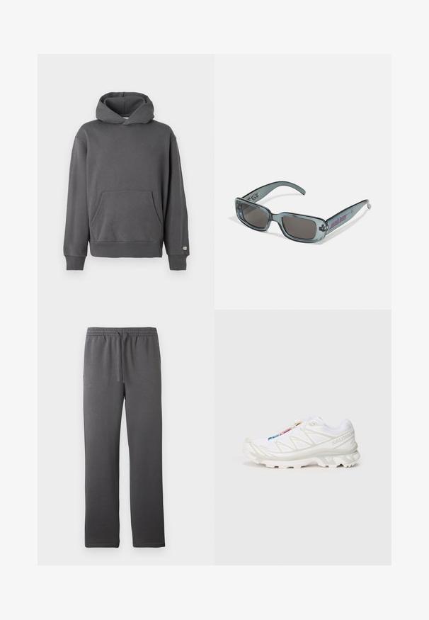 Szary sweter z kapturem, z przednią kieszenią typu kangur, ściągaczami na rękawach oraz kapturem ze sznurkiem. Posiada subtelne logo na klatce piersiowej.; Szare spodnie sportowe z elastycznym pasem, sznurkiem i gładką fakturą. Posiadają prosty krój nogawki i brak widocznych kieszeni.; Białe buty sportowe z teksturowaną siateczką, odblaskowymi akcentami i wyprofilowaną podeszwą. Zauważalne logo marki z boku.; Santa Cruz INFERNO UNISEX - Okulary przeciwsłoneczne