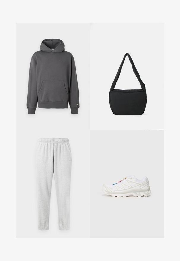 Sivi dukserica s kapuljačom, prednjim džepom u obliku kengura, rebrastim manžetama i kapuljačom s vezicom. Sadrži suptilno logotipiranje na prsima.; Sive jogger hlače napravljene od mekanog materijala, s elastičnom gumom u struku, bočnim džepovima i suženim nogavicama. Gladak tekstur i minimalno detaljiranje.; Bijela atletska obuća s teksturiranim mrežastim gornjim dijelom, reflektirajućim detaljima i podstavljenim potplatom. Značajan logo brenda sa strane.; Crna torba za rame s podstavljenom teksturom, zaobljenog oblika i širokim remenom, s reljefnim logotipom sprijeda.