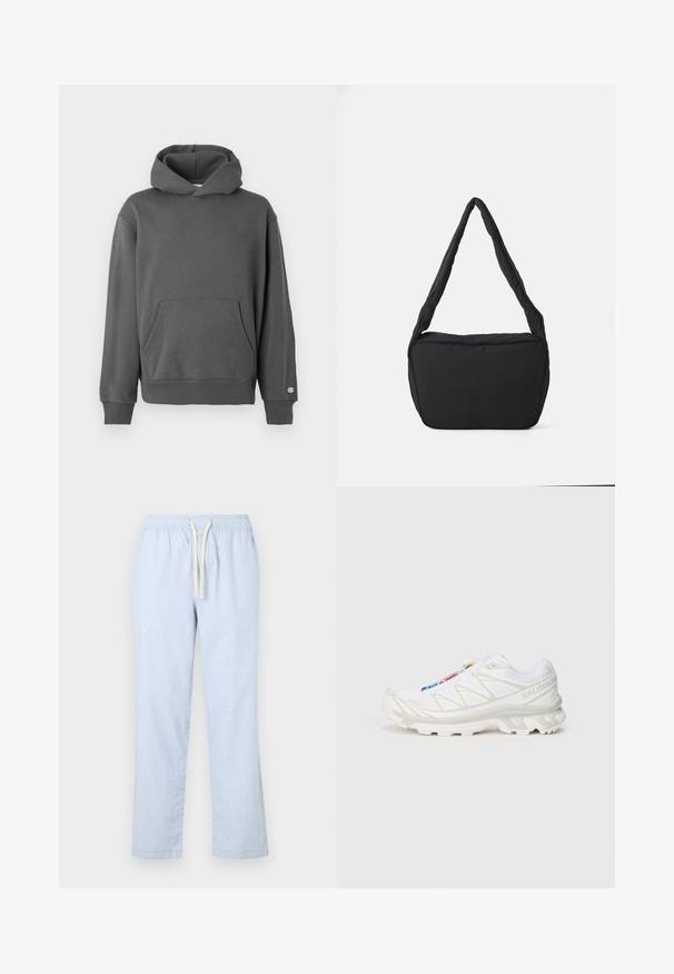 Grå genser med hette og kengurulomme foran, ribbede mansjetter og snor i hetta. Har diskret logo-detaljering på brystet.; Lys blå, letvægts bomuldsbukser med elastisk talje, snoretræk og lige ben. Glat texture, enkelt design.; Hvite joggesko med teksturert mesh-overdel, reflekterende detaljer og dempet såle. Merkbar merkevarelogo på siden.; Svart skulderveske med polstret tekstur, rund form og bred stropp, med et preget logo på forsiden.