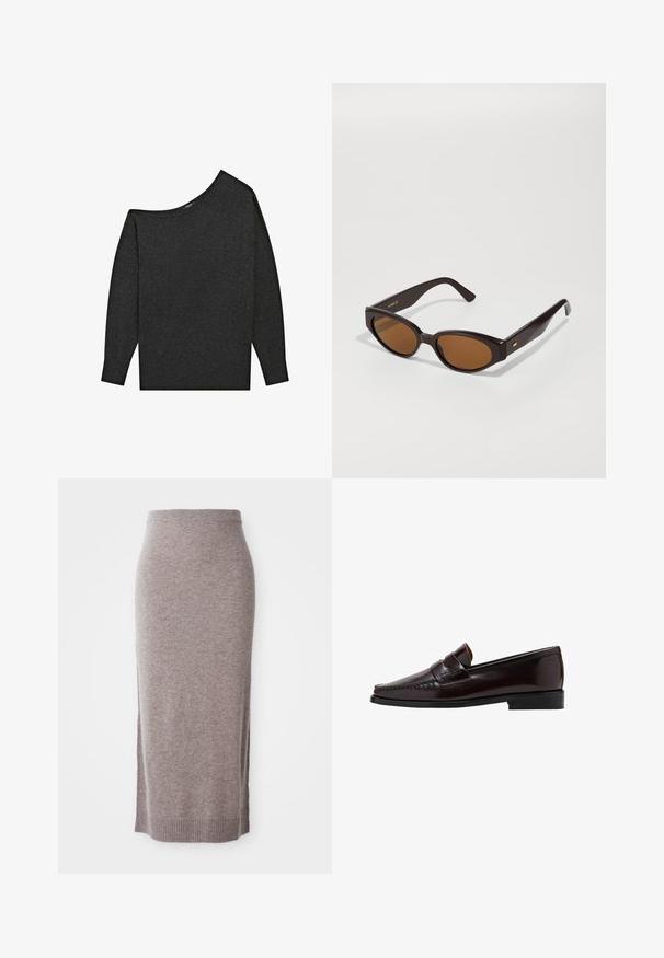 Mörkgrå, av-axeln tröja gjord av ett mjukt material. Har lång ärmar och en avslappnad passform med en bred halsringning.; Knelång, taupe stickad pennkjol med ribbad midja och nederkant, med sidofickor för ökad komfort och stil.; Brun läderloafers med moccasin-stil framtill, höjd söm längs vaden och en låg svart gummisula. Slät, polerad yta.; Faux cat-eye solglasögon med mörkbruna plastbågar och bruna linser. Har gulddetaljer med logotyp på arm och en slät, blank yta.; Svart läderaxelväska med en böjd form, slät textur och ett långt justerbart band. Har en subtil knutdetalj och en minimalistisk design.