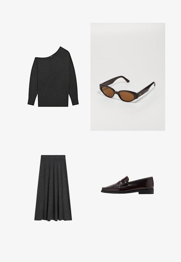 Mørk grå, off-the-shoulder sweater lavet af et blødt materiale. Har lange ærmer og en afslappet pasform med en bred halsudskæring.; U-formet, knælang nederdel i mørkegrå uldblanding, med en glat tekstur og en elastisk talje for komfort og nem påklædning.; Brun læder loafersko med en mokkasinstil foran, hævet syning langs vampskæringen og en lav sort gummisål. Glat, poleret finish.; Faux cat-eye solbriller med mørkebrune plastikrammer og brune linser. Har guld logo detaljer på armen og en glat, blank overflade.; Sort læder skuldertaske med en buet form, glat tekstur og en lang justerbar rem. Funktioner et subtilt knudedetalje og minimalistisk design.