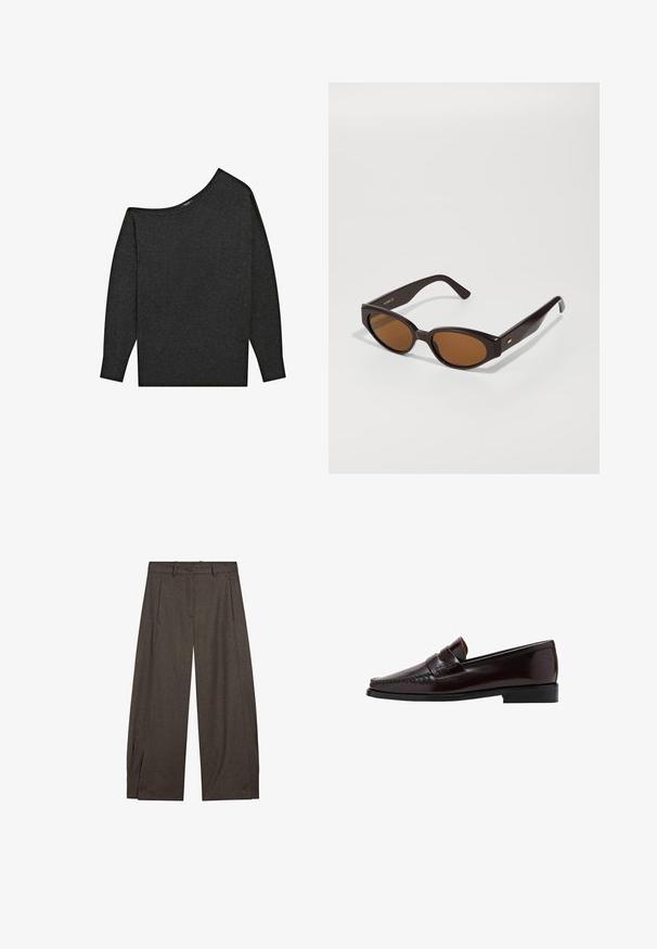Dunkelgrauer, schulterfreier Pullover aus einem weichen Material. Er hat lange Ärmel und eine lockere Passform mit einem weiten Ausschnitt.; Braune, weit geschnittene Hosen aus strukturiertem Stoff mit gefaltetem Vorderteil, Gürtelschlaufen und Knopfakzenten am Saum.; Brauner Lederloafer mit einer Mokassin-artigen Vorderseite, hochgezogener Naht entlang des Vamps und einer niedrigen schwarzen Gummisohle. Glatte, polierte Oberfläche.; Faux Cat-Eye Sonnenbrille mit dunkelbraunen Kunststoffrahmen und braunen Gläsern. Mit goldfarbener Logo-Detailierung an den Bügeln und glatter, glänzender Oberfläche.; Schwarze Leder-Schultertasche mit geschwungener Form, glatter Textur und einem langen, verstellbaren Riemen. Verfügt über ein dezentes Knotendetail und ein minimalistischem Design.