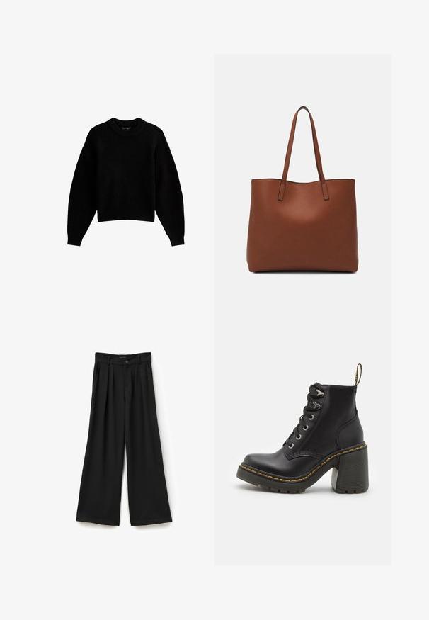 Czarny sweter dzianinowy z okrągłym dekoltem, długimi rękawami i luźnym krojem. Ribbed texture and hem detail, wykonany z miękkiego materiału.; Czarne spodnie o szerokich nogawkach z wysokim stanem, plisami z przodu i gładką strukturą. Zapięcie na guzik z paskiem szlufek.; Czarne skórzane botki za kostkę z masywnym wysokim obcasem, sznurówką z przodu, metalowymi oczkami i żółtym przeszyciem wzdłuż podeszwy. Teksturowana gumowa podeszwa.; Brązowa skórzana torba tote o gładkiej fakturze, z otwartym wierzchem i dwoma ramiączkami. Charakteryzuje się minimalnym przeszyciem i brakiem widocznych elementów metalowych.