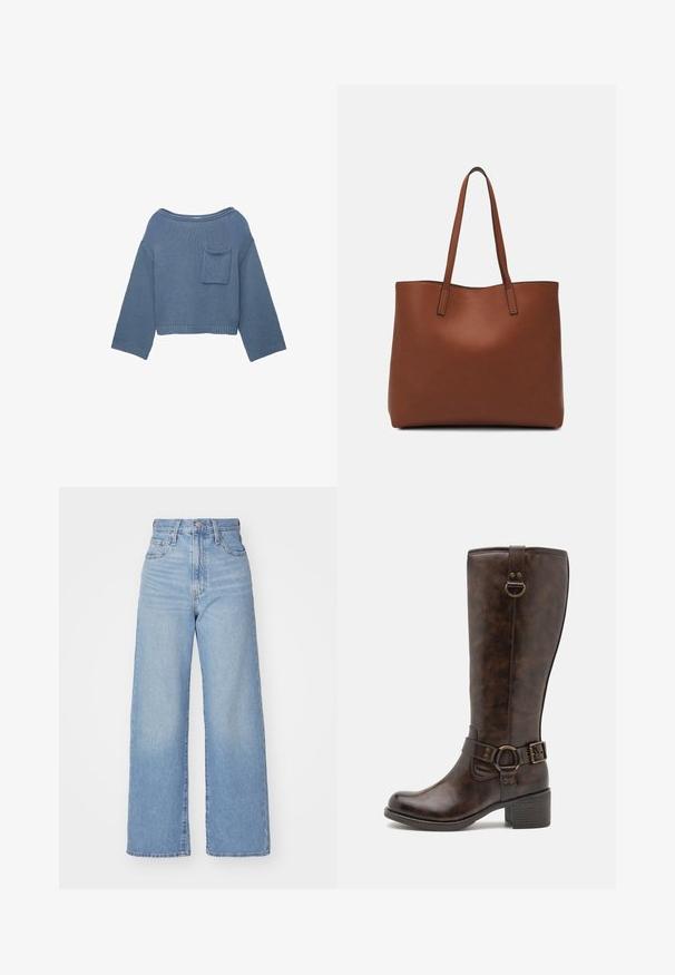 Blauwe gebreide lange mouw cropped trui met brede halslijn en een klein borstzakje aan de linkerkant.; Lichtblauwe high-waist wijde jeans met een knoop- en ritssluiting aan de voorkant, voor- en achterzakken, op een witte achtergrond.; Bruine leren kniehoge laarzen met een ronde neus, decoratieve riem, ronde hardware en een lage blokhak. Overal een gladde textuur.; Bruine leren tote bag met een gladde textuur, een ontwerp met een open bovenkant en twee schouderbanden. Kenmerkt zich door minimale stiksels en geen zichtbare hardware.