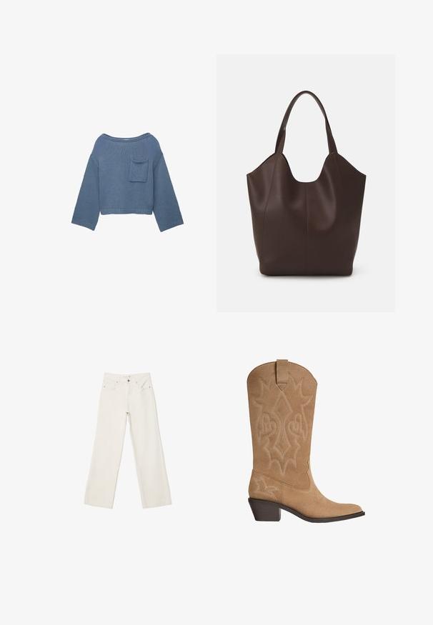 Niebieski, dzianinowy, długi sweter o skróconym kroju z szerokim dekoltem i małą kieszonką na piersi po lewej stronie.; Białe dżinsy w szerokim kroju wykonane z denimu, z wysokim stanem, przednimi kieszeniami i zapięciem na guzik. Czysty design z minimalnymi akcentami.; Kawbojskie buty w kolorze tan z zamszu, ozdobione haftowanymi przeszyciami, średniej wysokości pięta na platformie oraz uchwyt na cholewie.; Brązowa skórzana torba tote o gładkiej fakturze, charakteryzująca się unikalnym kształtem, szerokim otworem i dwiema krótkimi rączkami do noszenia.