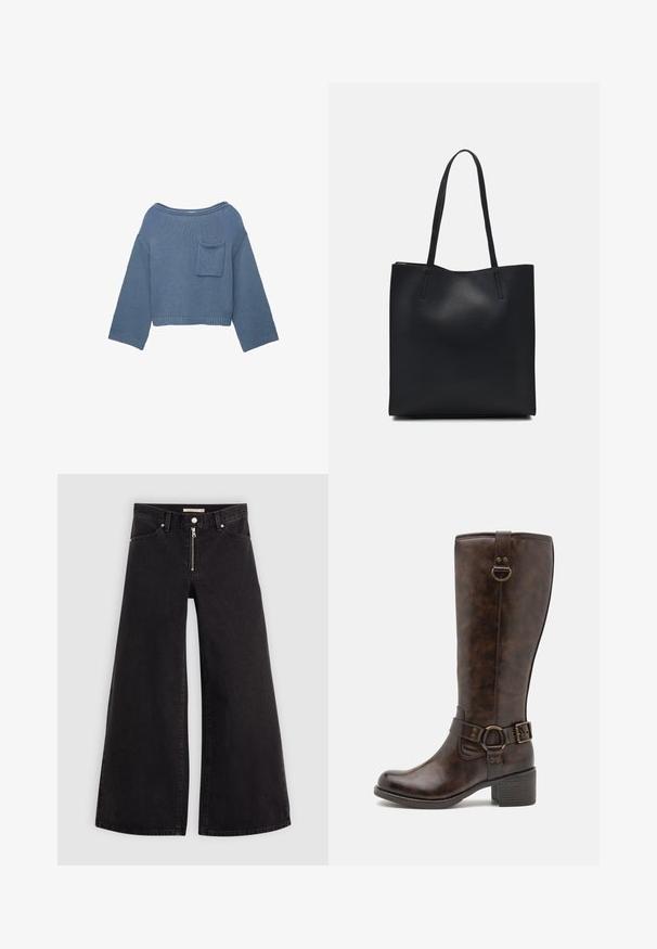 Blå strikket langærmet cropped sweater med bred halsudskæring og lille brystlomme på venstre side.; Vide ben jeans i sort denim med lynlås foran, fem lomme-design og subtile stikninger. Glat tekstur og afslappet stil.; Brune læder knæhøje støvler med en rund tå, dekorativ bæltestrop, cirkulært hardware og en lav blokhæl. Glat tekstur hele vejen igennem.; Sort læder tote taske med glat tekstur, rektangulær form og to lange hanke. Ingen synlig hardware eller udsmykninger.