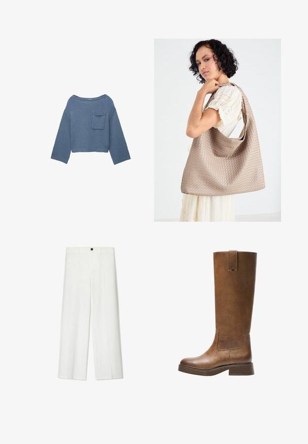 Niebieski, dzianinowy, długi sweter o skróconym kroju z szerokim dekoltem i małą kieszonką na piersi po lewej stronie.; Białe, szerokie spodnie o gładkiej teksturze, z zapięciem na guzik z przodu i szlufkami na pasek, dopasowane w luźnym kroju.; Brązowe skórzane wysokie buty do kolan z okrągłym noskiem, teksturowaną powierzchnią i niskim piętrem o warstwowej budowie. Posiadają boczną wstawkę oraz pętelkę na górze.; Wykonana z tkanej beżowej torba na ramię o luźnym fasonie i pojedynczym pasku na ramię. Posiada teksturowany wzór na całej powierzchni.