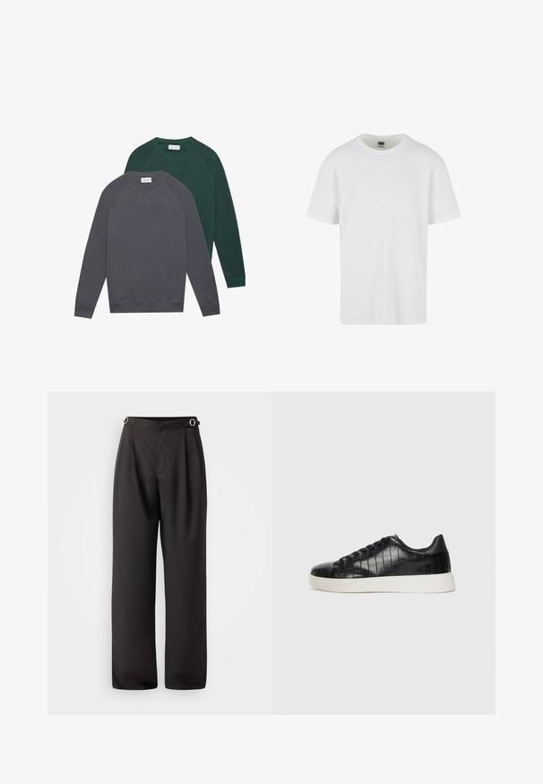 Twee langarm crewneck sweaters, één donkergrijs aan de voorkant en één donkergroen aan de achterkant, beide met zichtbare labeltags.; Witte korte mouwen t-shirt gemaakt van gestructureerd katoen. Heeft een ronde hals en een recht afgeknipte zoom. Minimalistisch ontwerp zonder zichtbare logo's.; Zwarte wijde broek gemaakt van gladde stof, met een hoge taille, twee zilverkleurige gespen bij de tailleband en een geplooid ontwerp aan de voorkant.; Zwarte sneakers met een gestructureerde leren bovenkant met krokodilpatroon, een ronde neus en een contrasterende witte rubberen zool met een gladde afwerking.