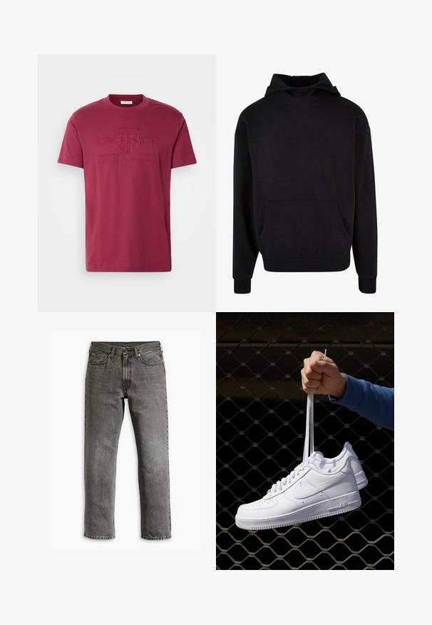 Černá mikina s kapucí vyrobená z měkkého materiálu, obsahující klokánkovou kapsu, žebrované manžety a uvolněný střih. Hladký povrch, minimalistický design.; GANT TONAL SHIELD - Triko s potiskem - rich wine; Šedé denimové džíny s rovnými nohavicemi, designem s pěti kapsami a mosaznými doplňky pro zapínání a akcenty. Viditelná opotřebovaná textura.; Bílé kožené tenisky s perforacemi, kulatou špičkou, plochou podrážkou a silnými tkaničkami, které mají viditelné logo swoosh a nápis "AIR" na patě.