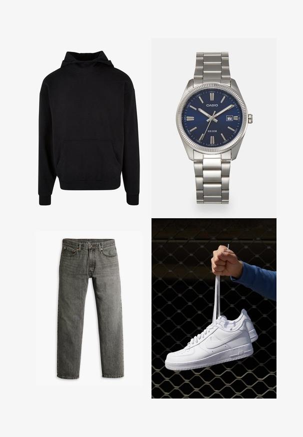 Czarna bluza z kapturem wykonana z miękkiego materiału, z kangurzą kieszenią, ściągaczami przy mankietach i luźnym krojem. Gładka textura, minimalistyczny design.; Szare dżinsy typu denim z prostą nogawką, klasycznym pięciopocketowym fasonem oraz subtelnym haftem na szwach i kieszeniach.; Białe skórzane sneakersy z perforacjami, okrągłym noskiem, płaską podeszwą i grubymi sznurówkami, z widocznym logo swoosh i napisem „AIR” na pięcie.; Srebrny zegarek na stalowej bransolecie z niebieską tarczą, metalowymi indeksami godzinowymi oraz okienkiem daty na godzinie 3. Wodoodporny do 50 metrów.