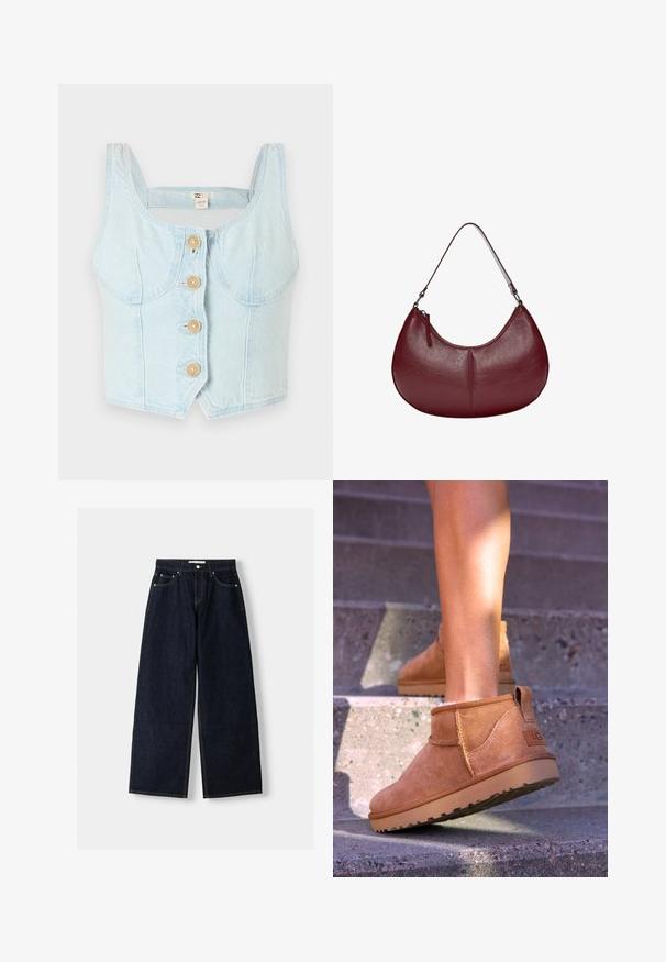 Rjav puhast pulover z dolgimi rokavi in krožnim ovratnikom, ki na prsih prikazuje roza grafični napis "APRIL" v igrivem, nepravilnem fontu.; Svetlo modra jeansová kratka majica s kvadratnim izrezom, ki ima pet lesenih gumbov spredaj in ukrivljene stranske šive.; Temno modri široki jeans z visokim pasom, petimi žepi, kontrastnim šivanjem in srebrnim kovinskim okovjem. Gladka tekstura in čista končna obdelava.; Svetlosive nobuck gležnjarji z mehko teksturo, všitimi detajli in gumijastim podplatom, z zanko na peti za enostavno obuvanje.; Burgundska usnjena torbica s ukrivljeno obliko. Ima en ramenski trak in zgornji zadrgo, ki prikazujeta gladko, teksturirano površino.