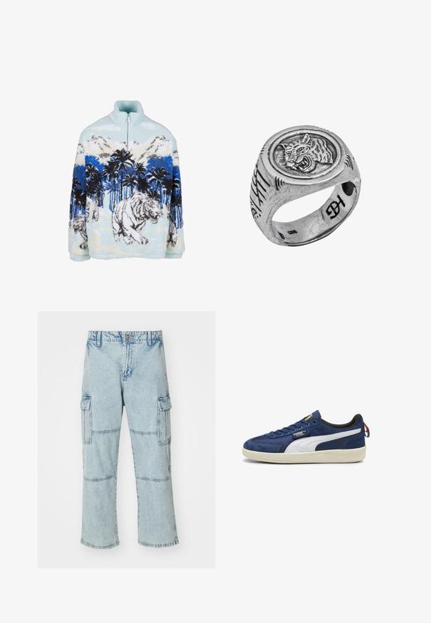 Fliisist pullover kõrge kraega, millel on sinise ja valge tiigri muster koos palmipuude ja mägedega. Pehme, plüüsine tekstuur.; Valge puuvillane T-särk lühikeste varrukatega, klassikalise ümarika kaelusega ja sirge allääriga. Sile tekstuur, minimalistlik disain, ilma mustrite või accsentideta.; Heledad sinised teksapüksid, millel on lahtine istuvus, kaks külgtaskut ja põlvemaalingud. Omab lukuga säärt ja metallist nupu sulgemist.; Sinine sametist spordijalats valgete aktsentidega, paelaga kinnitussüsteem, ümar nina, kummist tallad, millel on logo silt keele peal ja punane kanna silt.; Hõbe (925) sõrmus, millel on ümar, väljapaistv tiigri graveering, tekstureeritud riba graveeritud joontega ja sile sisepind.