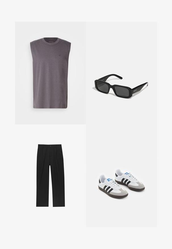 Tmavošedý pulóver so stojačikom, dlhými rukávmi a mierne skráteným lemom. Na dolnej ľavej strane sa nachádza štítok.; Bezrukávový šedý tričko z mäkkej bavlnenej zmesi, so kulatým výstrihom a jemným logom na hrudi. Hladká textúra, uvoľnený strih.; Čierne nohavice s rovnými nohavicami, vyrobené z hladkej tkaniny. Majú predné puky a jediné gombíkové zapínanie v páse.; Športové topánky s bielym koženým zvrškom, šedou semišovou špičkou a tromi čiernymi pruhmi. Obsahujú modré logo na jazyku a štruktúrovanú gumovú podrážku.; Arnette THEKIDD UNISEX - Slnečné okuliare - black