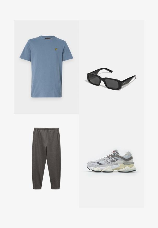 Sweatshirt de culoare gri închis, cu guler, mâneci lungi și un tiv ușor scurtat. Prezintă o etichetă în partea stângă jos.; Lyle & Scott Tricou basic - mist blue; Pantaloni de jogging gri, confecționați dintr-un material moale, având un elastic la talie, buzunare laterale și un design cu picior îngustat.; Sneaker din suede gri și plasă, cu o talpă groasă albă și bej, având un logo alb proeminent și detalii accent roșii.; Arnette THEKIDD UNISEX - Ochelari de soare - black