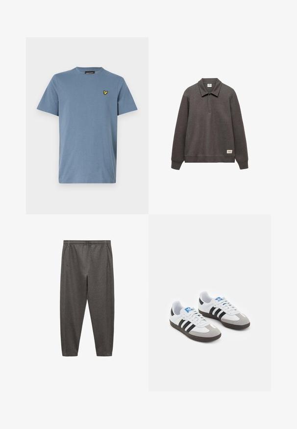 Sweatshirt de culoare gri închis, cu guler, mâneci lungi și un tiv ușor scurtat. Prezintă o etichetă în partea stângă jos.; Lyle & Scott Tricou basic - mist blue; Pantaloni de jogging gri, confecționați dintr-un material moale, având un elastic la talie, buzunare laterale și un design cu picior îngustat.; Încălțăminte sport cu un superior din piele albă, vârf din suede gri și trei dungi negre. Prezintă un logo albastru pe limbă și o talpă din cauciuc texturat.