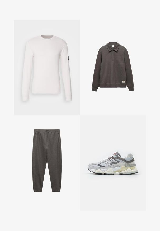 Tmavě šedý svetr s límcem, dlouhými rukávy a mírně zkráceným lemem. Obsahuje štítek na dolní levé straně.; Bílá bavlněná košile s dlouhými rukávy, kulatým výstřihem a žebrovanou texturou, na levém rukávu s malou černou nášivkou loga.; Šedé joggingové kalhoty vyrobené z měkké látky, s elastickým pasem, bočními kapsami a zúženým střihem nohavic.; Šedé semišové a síťované tenisky s tlustou bílou a béžovou podešví, vyznačující se výrazným bílým logem a červenými akcentními detaily.