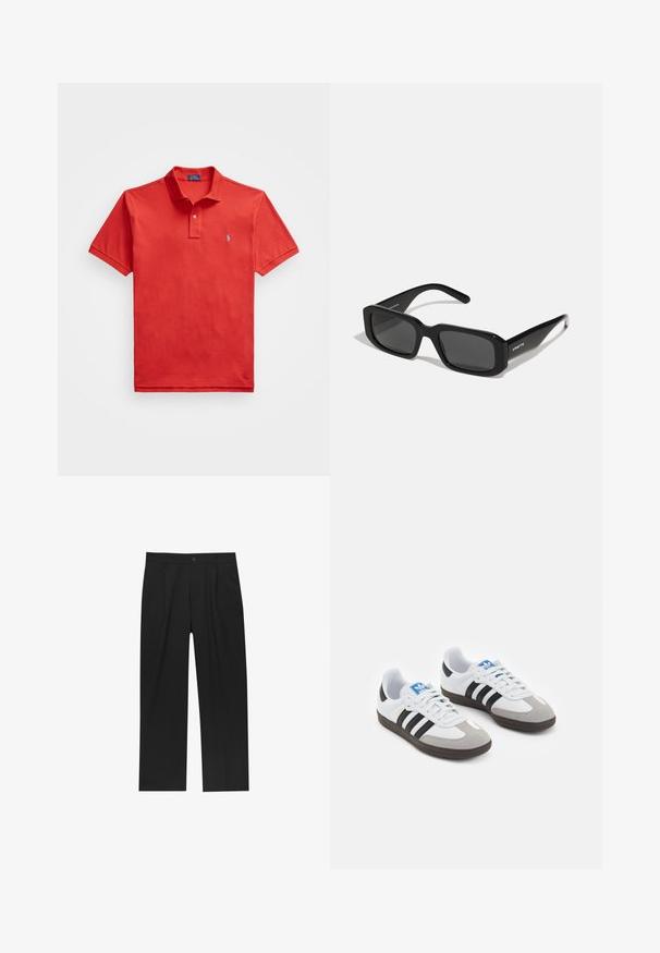 Temno siva pulover majica z ovratnikom, dolgimi rokavi in rahlo skrajšanim robom. Ima oznako na spodnjem levem delu.; Polo Ralph Lauren Big & Tall THE ICONIC MESH POLO SHIRT - Polo majica - post red; Črne hlače z ravnim krojem, narejene iz gladkega materiala. Imajo sprednje gube in enojno zaponko na pasu.; Športni čevlji z belim usnjenim zgornjim delom, sivim semišem na prstih in tremi črnimi črtami. Imajo modro logo na jeziku in teksturiran gumijast podplat.; Arnette THEKIDD UNISEX - Sončna očala - black