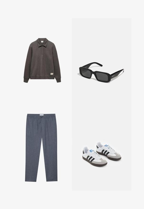 Dunkelgrauer Pullover mit Kragen, langen Ärmeln und einem leicht verkürzten Saum. Verfügt über ein Etikett auf der unteren linken Seite.; Grau, gerade geschnittene Hose mit elastischem Bund und subtilem Muster. Der Stoff wirkt weich und bequem, ideal für lässige Outfits.; Sportschuhe mit einem Obermaterial aus weißem Leder, grauer Wildleder-Zehenkappe und drei schwarzen Streifen. Sie verfügen über ein blaues Logo auf der Zunge und eine strukturierte Gummisohle.; Arnette THEKIDD UNISEX - Sonnenbrille - black