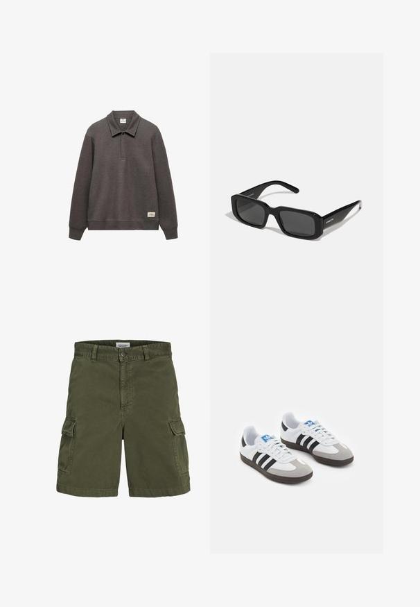 Dunkelgrauer Pullover mit Kragen, langen Ärmeln und einem leicht verkürzten Saum. Verfügt über ein Etikett auf der unteren linken Seite.; Olivengrüne Cargo-Shorts aus Baumwolle, mit einem Reißverschluss, Gürtelschlaufen, seitlichen Taschen und einem geraden Schnitt.; Sportschuhe mit einem Obermaterial aus weißem Leder, grauer Wildleder-Zehenkappe und drei schwarzen Streifen. Sie verfügen über ein blaues Logo auf der Zunge und eine strukturierte Gummisohle.; Arnette THEKIDD UNISEX - Sonnenbrille - black