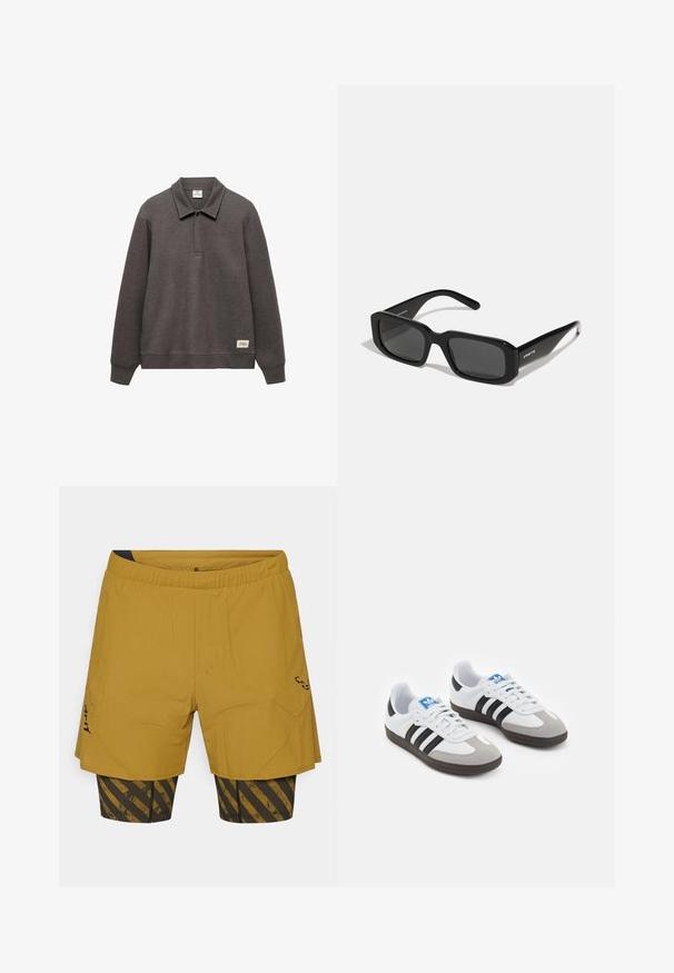 Mørkegrå sweatshirt med krave, lange ærmer og en let cropped kant. Har et mærke på venstre side forneden.; Herre løbeshorts med et struktureret sennepsgult yderlag, sort indvendigt med diagonale guldstriber og en elastisk talje.; Sportsko med en overdel i hvid læder, grå ruskind på tåen og tre sorte striber. Har et blåt logo på tungen og en struktureret gummisål.; Arnette THEKIDD UNISEX - Solbriller - black