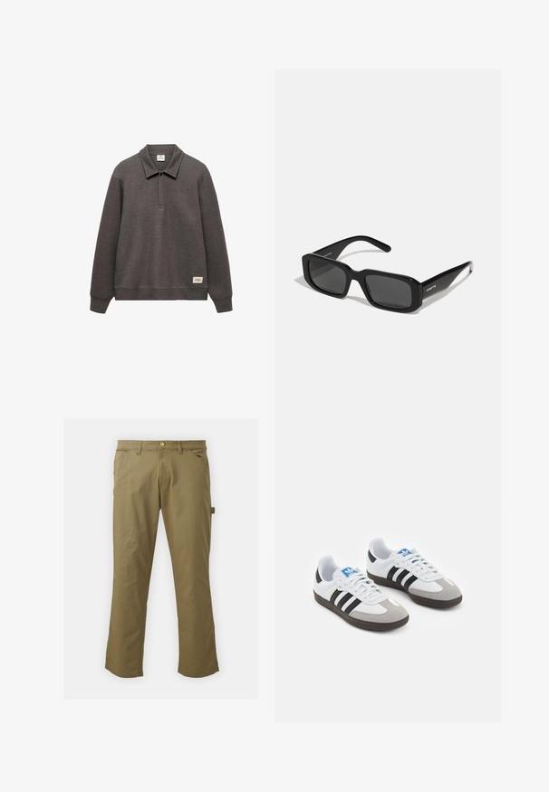 Dunkelgrauer Pullover mit Kragen, langen Ärmeln und einem leicht verkürzten Saum. Verfügt über ein Etikett auf der unteren linken Seite.; Khakihosen aus glattem Stoff mit Knopfverschluss, Gürtelschlaufen, zwei Fronttaschen und einer Seitentasche im geraden Bein-Design.; Sportschuhe mit einem Obermaterial aus weißem Leder, grauer Wildleder-Zehenkappe und drei schwarzen Streifen. Sie verfügen über ein blaues Logo auf der Zunge und eine strukturierte Gummisohle.; Arnette THEKIDD UNISEX - Sonnenbrille - black