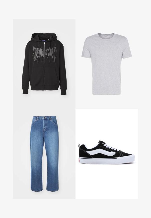 Svart zip-up hoodie i bomullsblandning. Har en stor silverfärgad grafisk text på framsidan, känguruficka och huva med dragsnör.; Grå bomullströja med rund hals, korta ärmar och en enkel design, med en mjuk och slät yta utan synliga mönster eller utsmyckningar.; Denimjeans i medelblått, med rak passform, traditionell femficksdesign och en klassisk knapp- och dragkedja.; Svarta mockaskor med vita detaljer, med en låg design, snörning och en tjock vit gummisula. Varumärkeslogotyp på hälen.