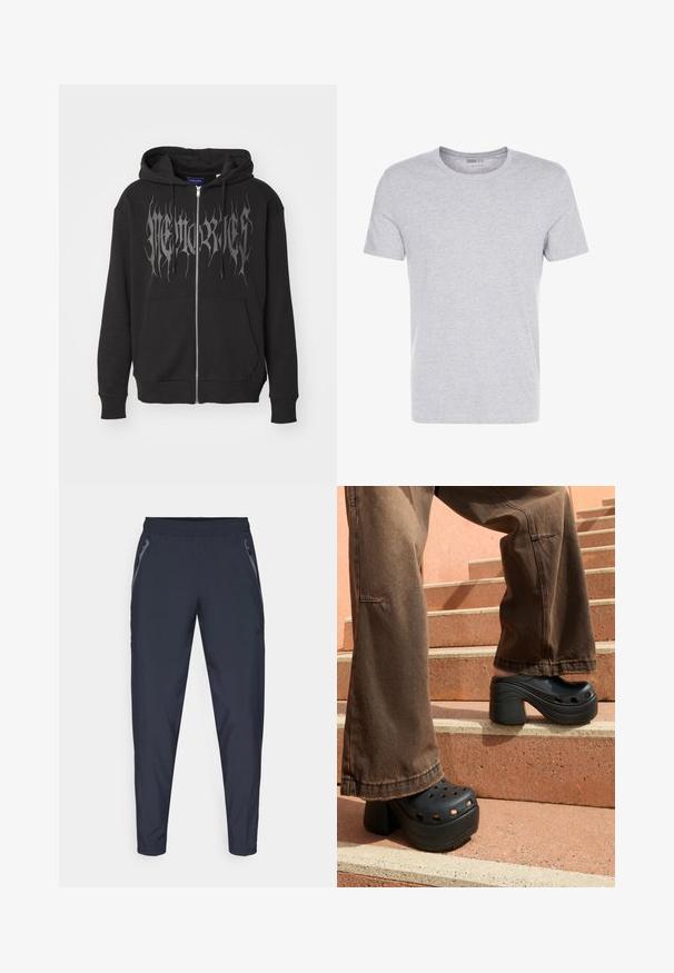 Black zip-up hoodie made of cotton blend. Features a large silver graphic text on the front, kangaroo pocket, and drawstring hood.; Gray cotton t-shirt with a crew neck, short sleeves, and a plain design, featuring a soft, smooth texture and no visible patterns or embellishments.; Navy athletic pants made of lightweight fabric, featuring two side zip pockets, an elastic waistband, and tapered legs for a sleek fit.; Black platform clogs with perforations, a rounded toe, and a wide heel, paired with brown wide-leg pants, positioned on outdoor steps.